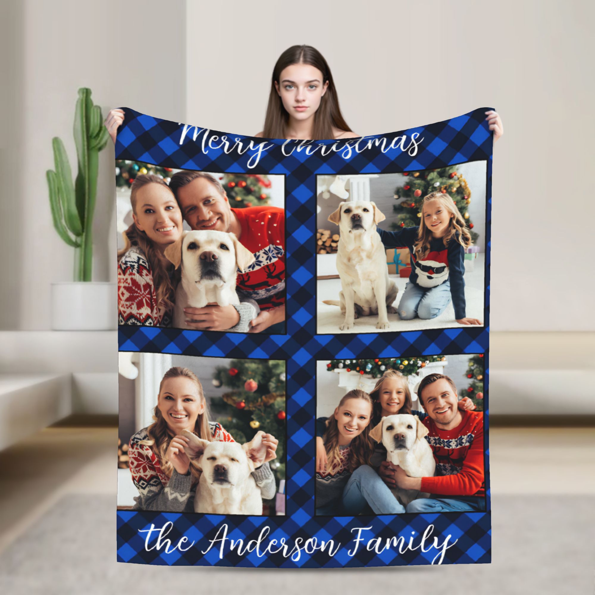 Christmas Throw Blanket - Family 4 Pictures Personalized Plaid Christmas